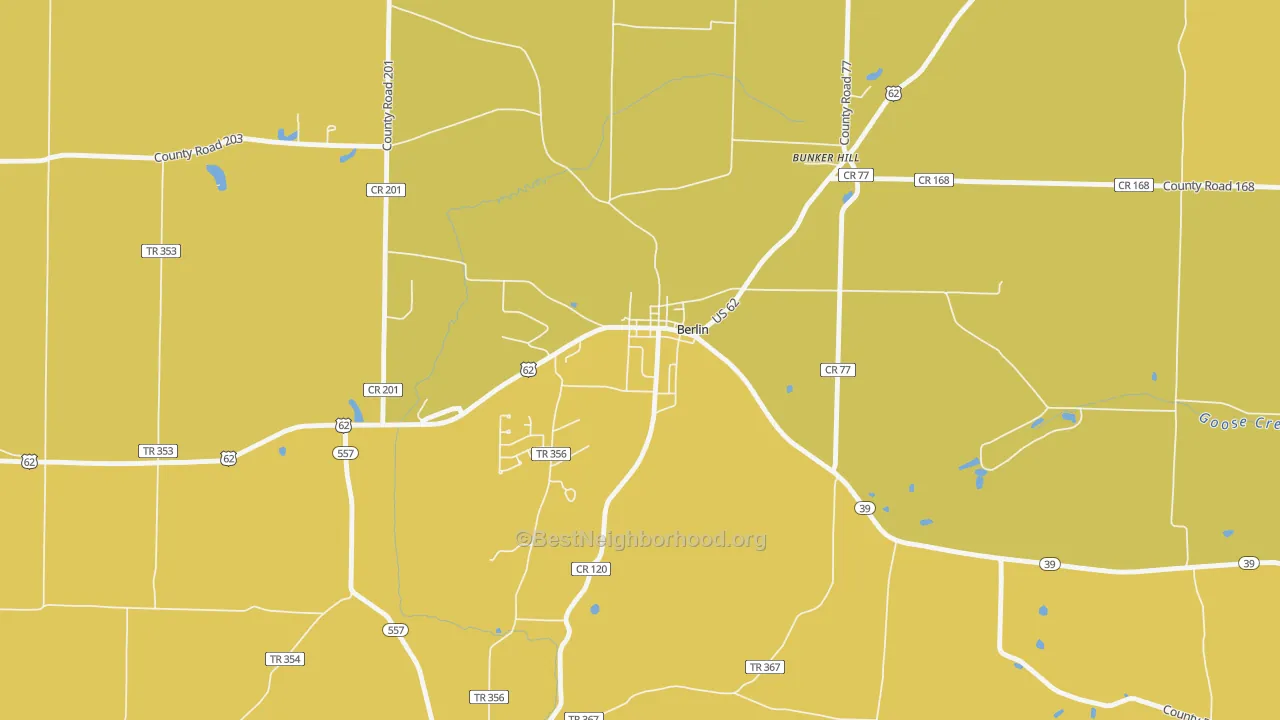 Map of the best neighborhoods in the 44610 area, with better matches in green and worse matches in red