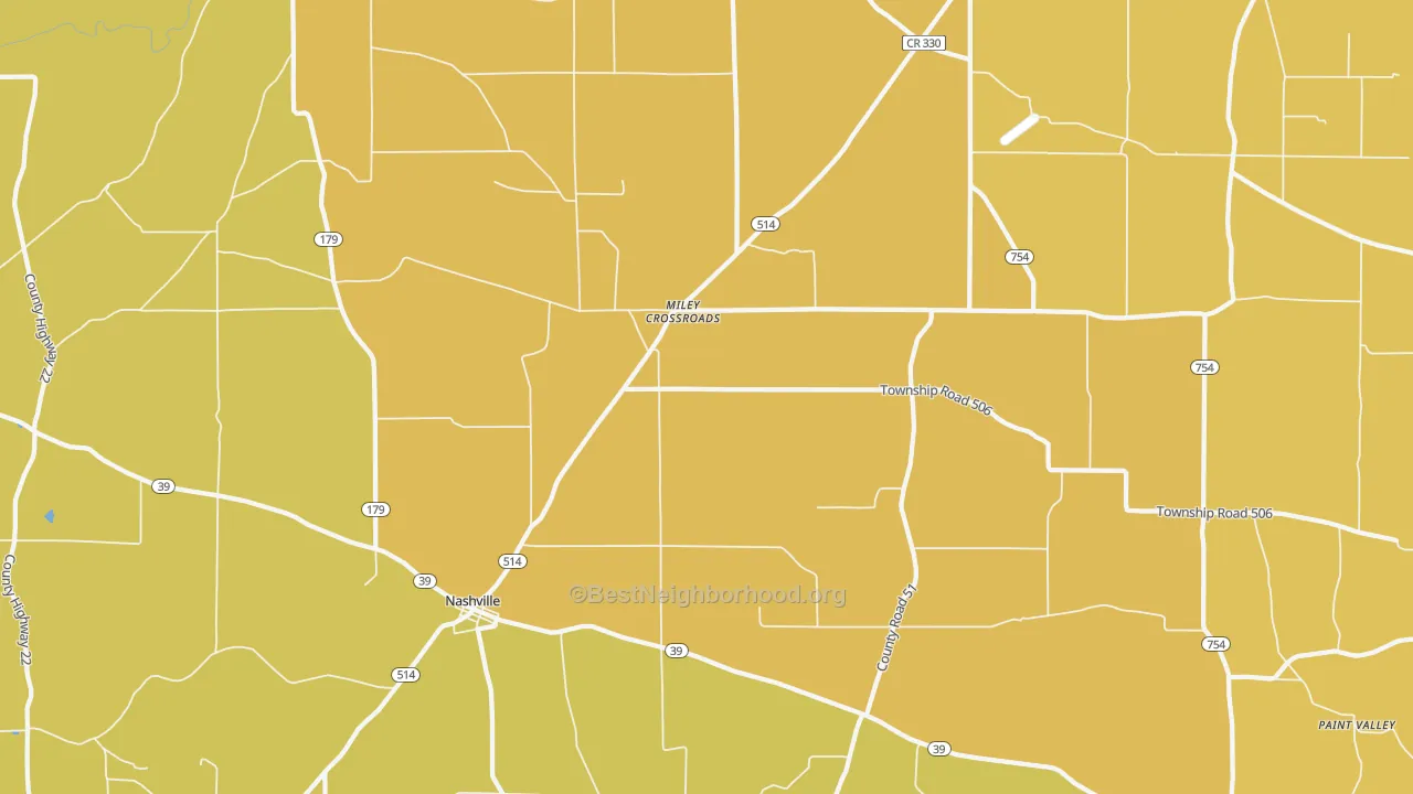 Map of the best neighborhoods in the 44611 area, with better matches in green and worse matches in red