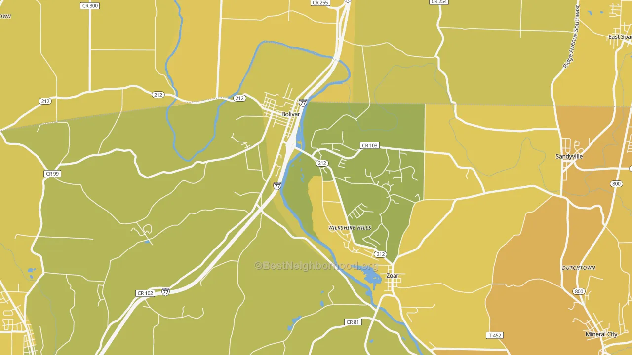 Map of the best neighborhoods in the 44612 area, with better matches in green and worse matches in red