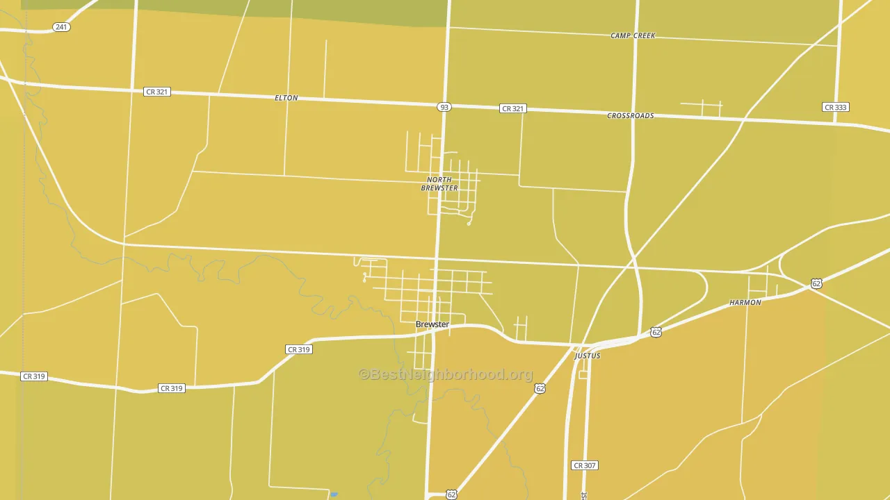 Map of the best neighborhoods in the 44613 area, with better matches in green and worse matches in red