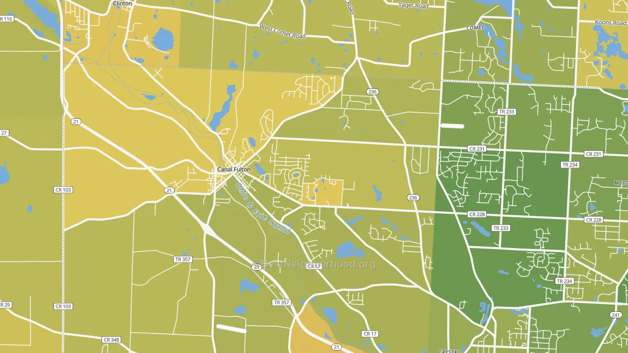 Map of the best neighborhoods in the 44614 area, with better matches in green and worse matches in red