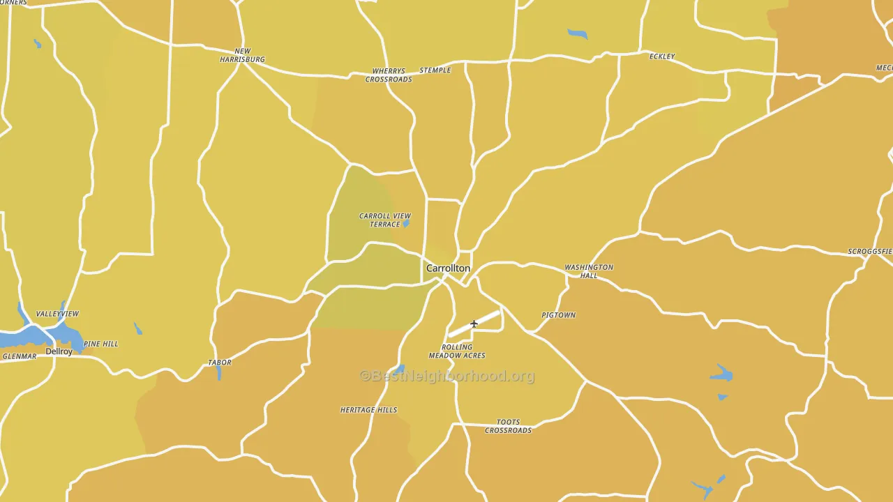 Map of the best neighborhoods in the 44615 area, with better matches in green and worse matches in red