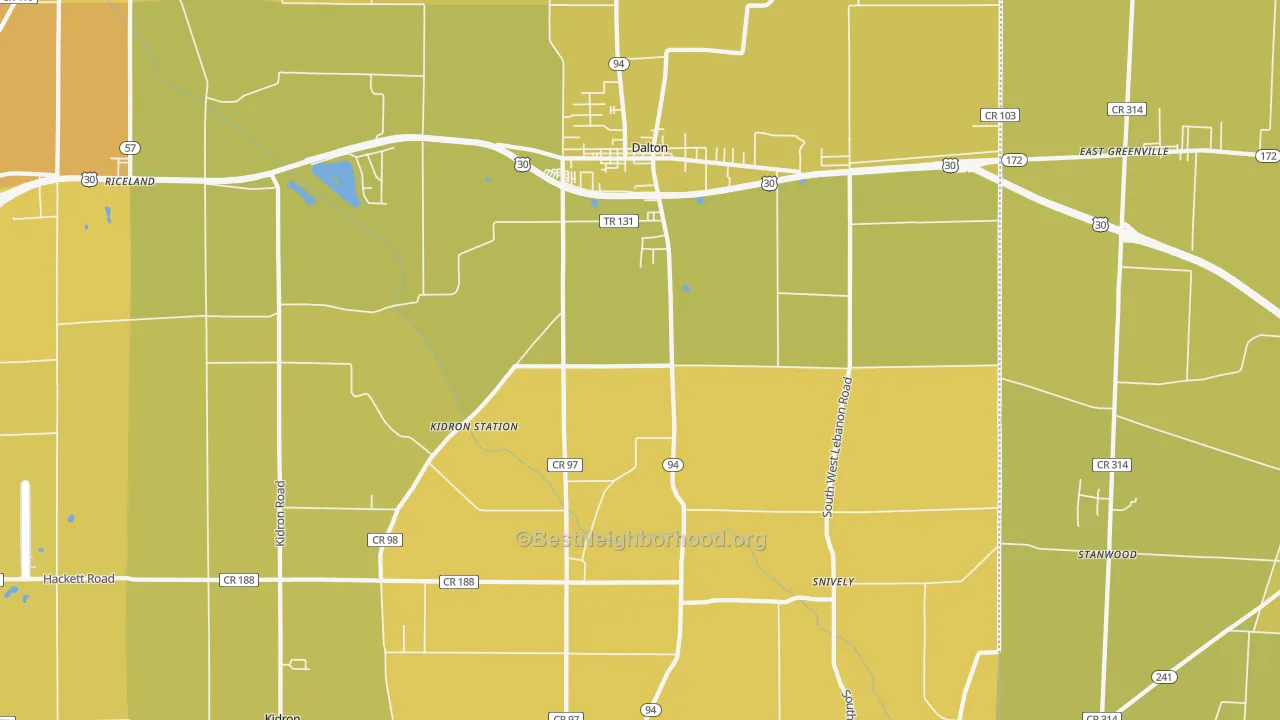 Map of the best neighborhoods in the 44618 area, with better matches in green and worse matches in red