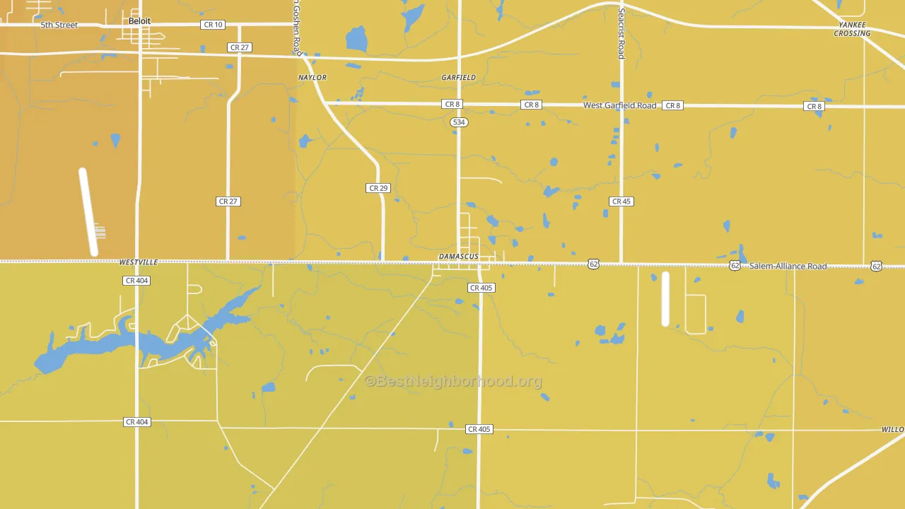 Map of the best neighborhoods in the 44619 area, with better matches in green and worse matches in red