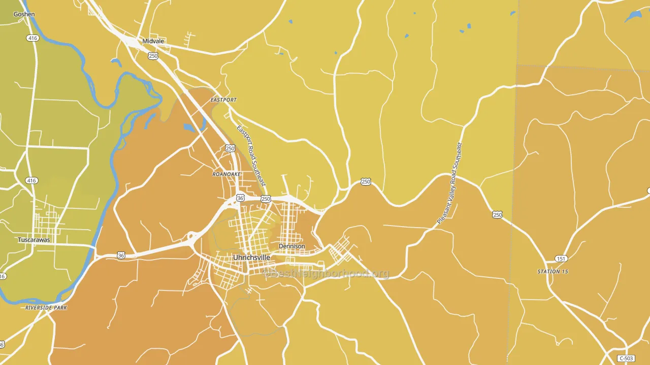 Map of the best neighborhoods in the 44621 area, with better matches in green and worse matches in red