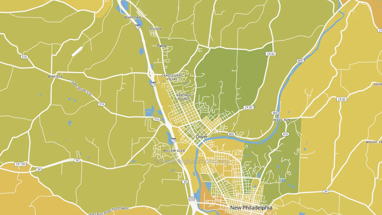 Map of the best neighborhoods in the 44622 area, with better matches in green and worse matches in red
