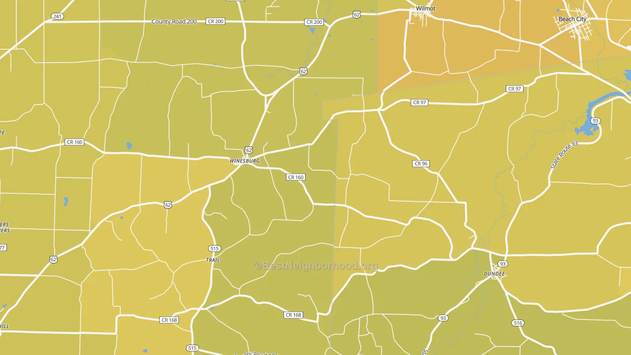 Map of the best neighborhoods in the 44624 area, with better matches in green and worse matches in red