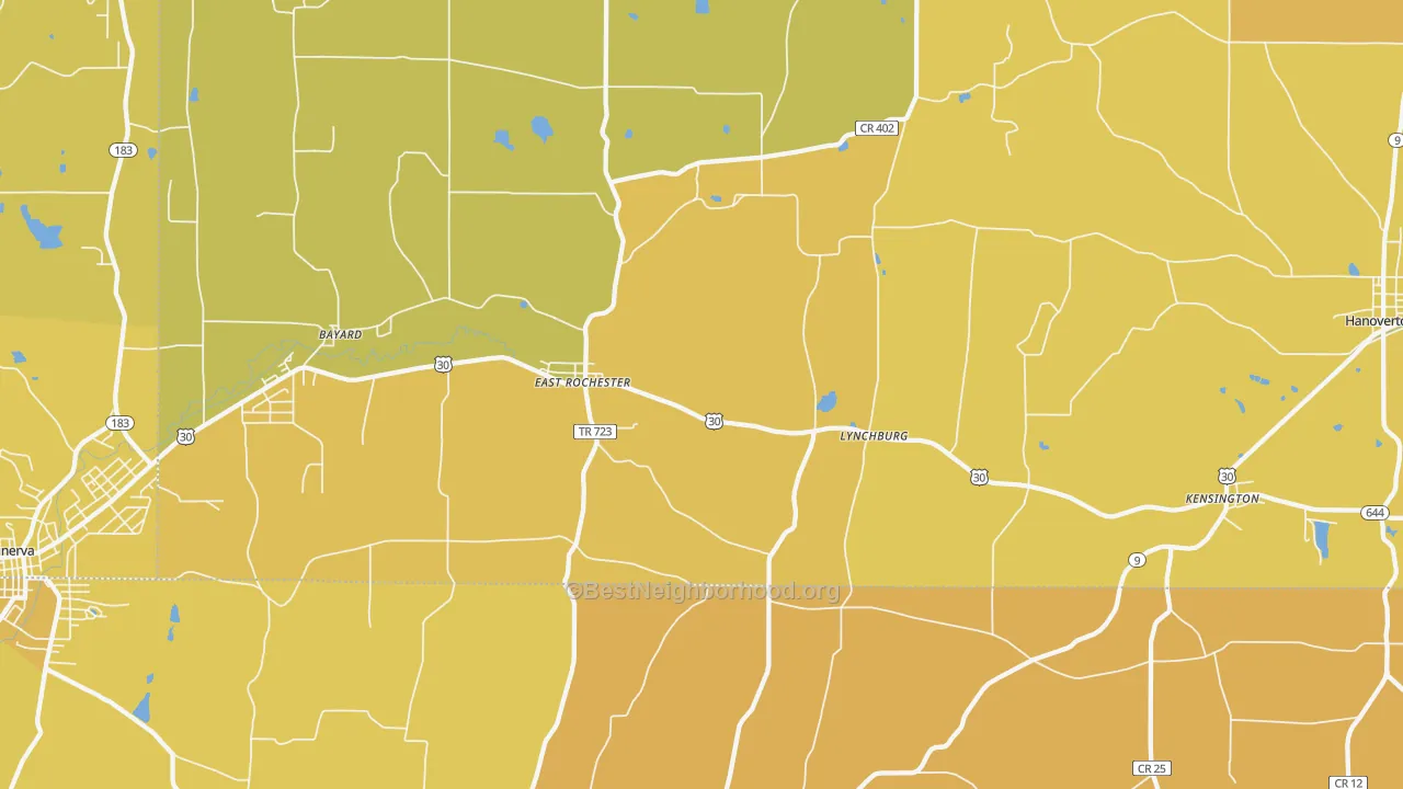 Map of the best neighborhoods in the 44625 area, with better matches in green and worse matches in red