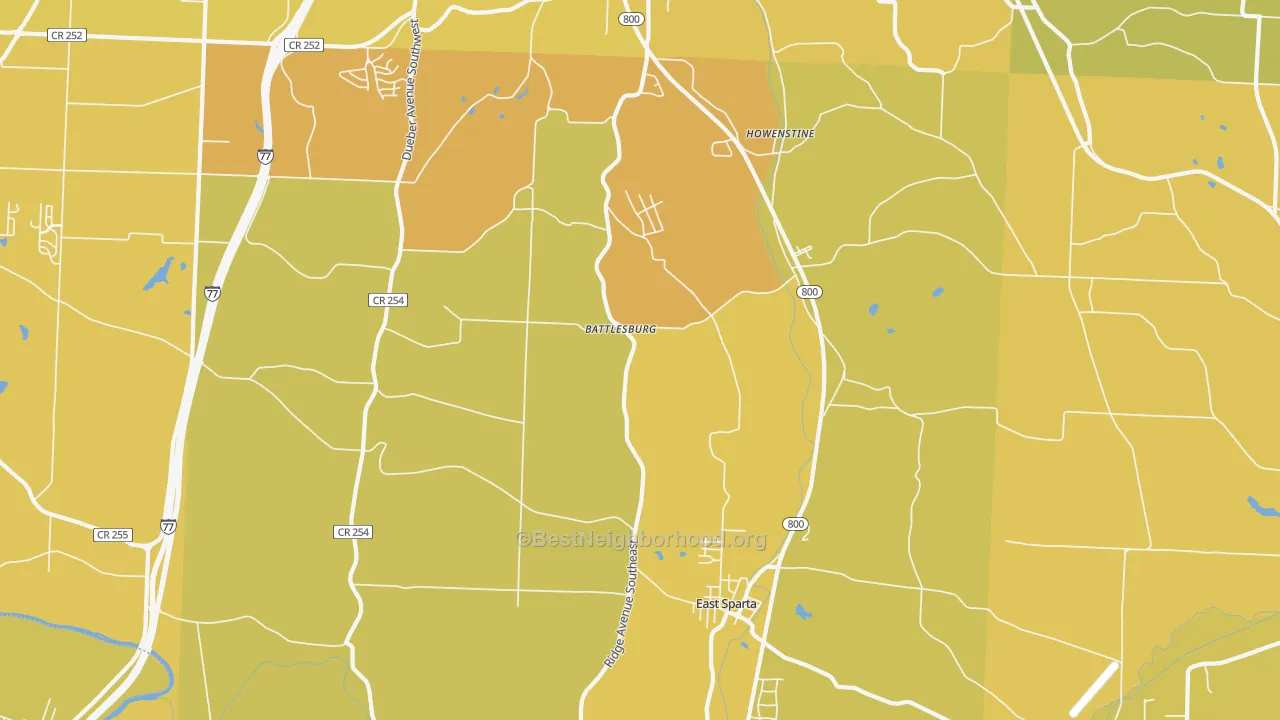 Map of the best neighborhoods in the 44626 area, with better matches in green and worse matches in red