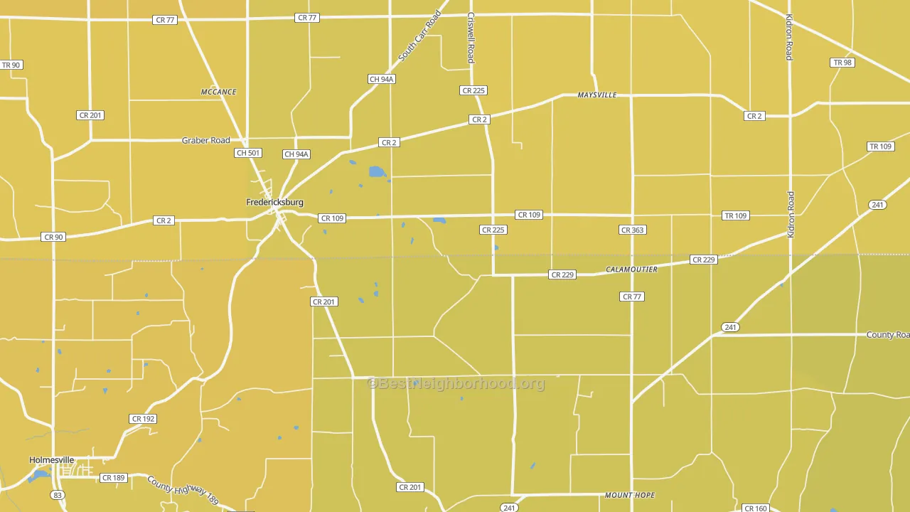 Map of the best neighborhoods in the 44627 area, with better matches in green and worse matches in red