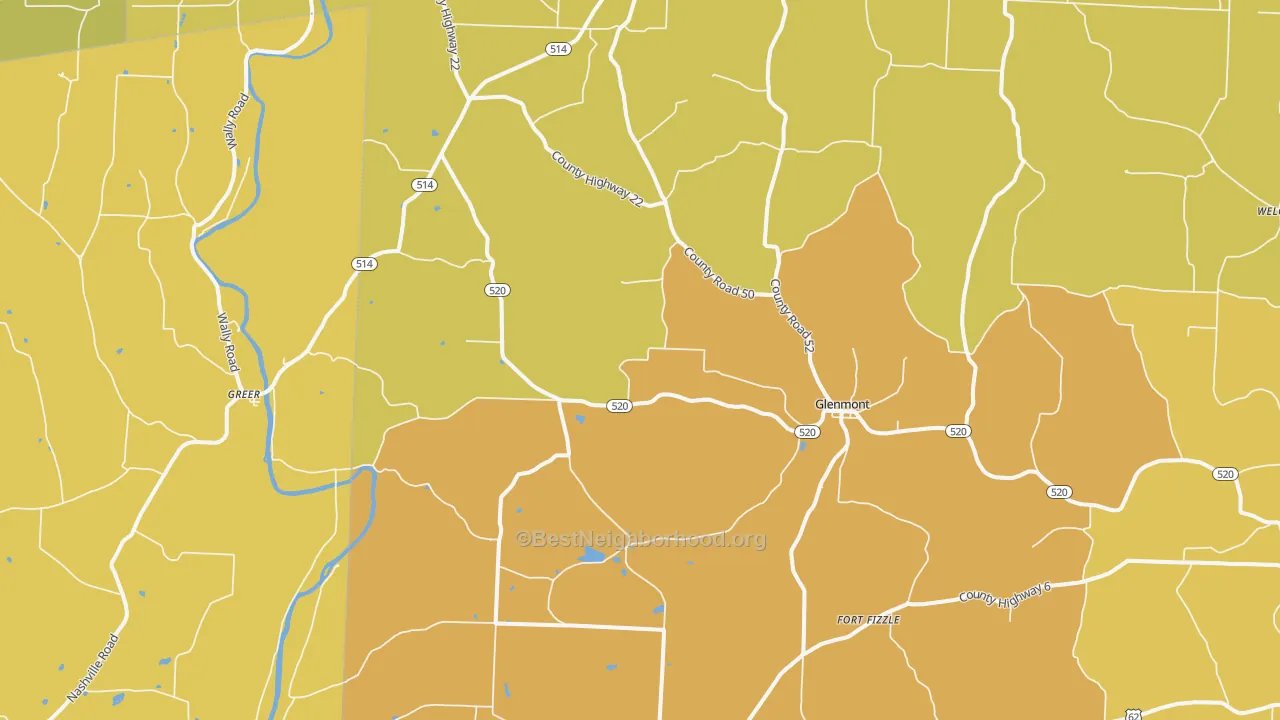 Map of the best neighborhoods in the 44628 area, with better matches in green and worse matches in red