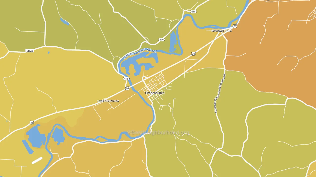 Map of the best neighborhoods in the 44629 area, with better matches in green and worse matches in red