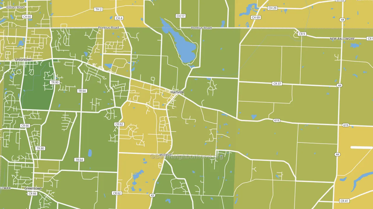 Map of the best neighborhoods in the 44632 area, with better matches in green and worse matches in red