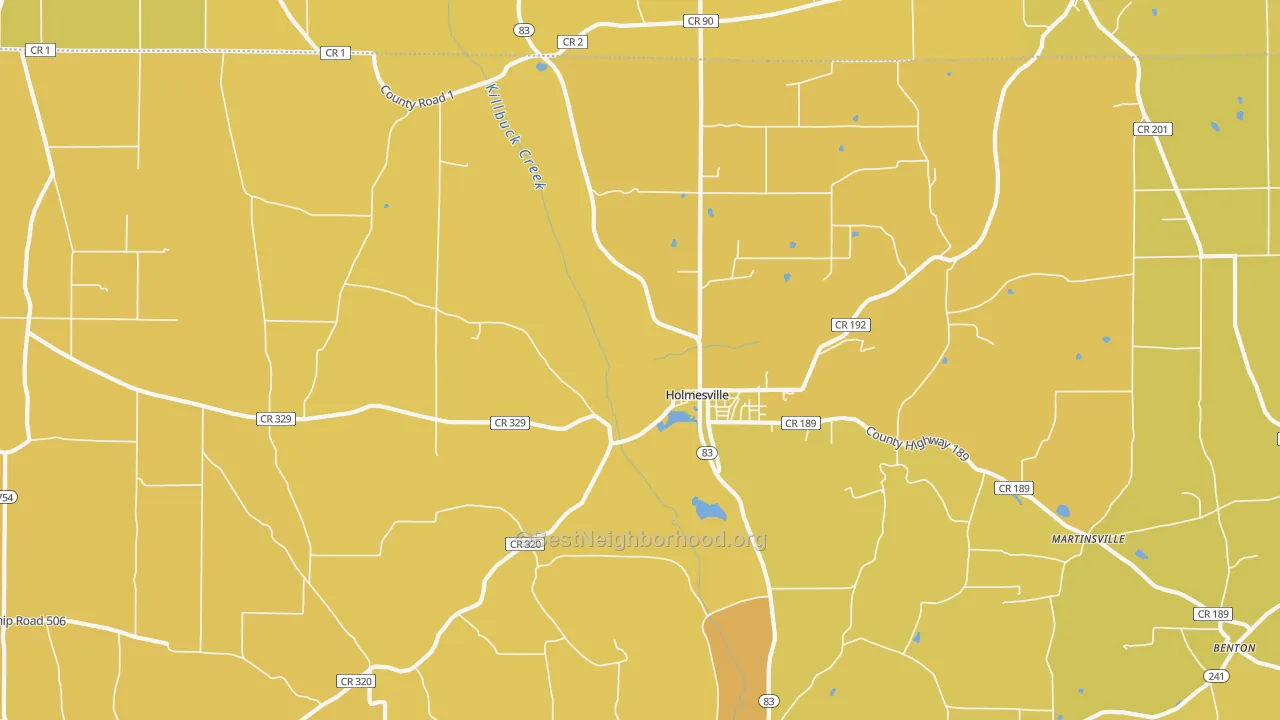 Map of the best neighborhoods in the 44633 area, with better matches in green and worse matches in red