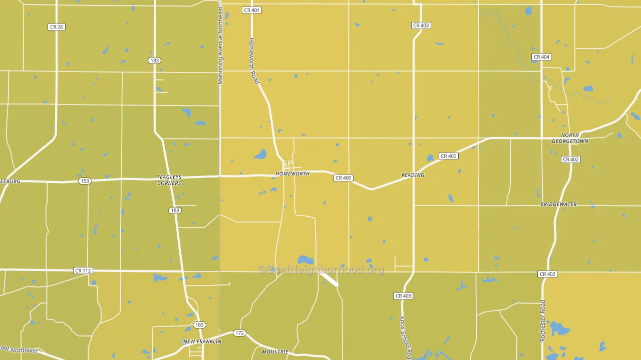 Map of the best neighborhoods in the 44634 area, with better matches in green and worse matches in red