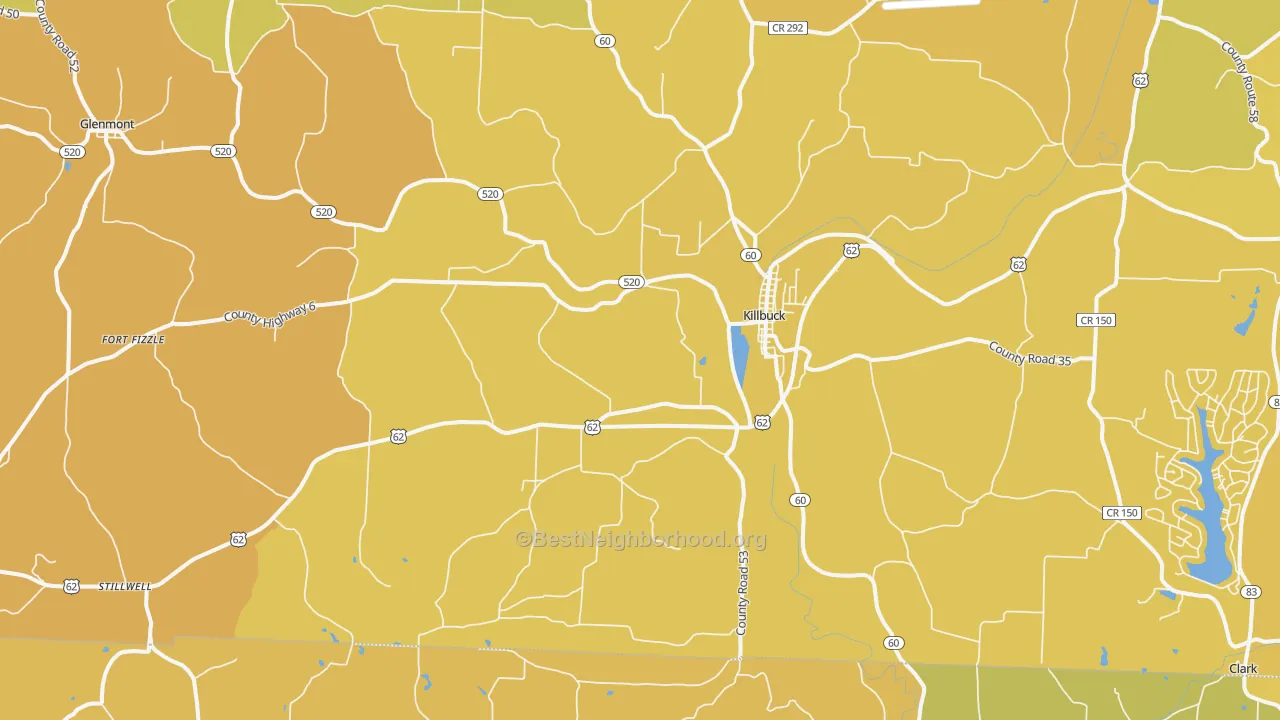 Map of the best neighborhoods in the 44637 area, with better matches in green and worse matches in red