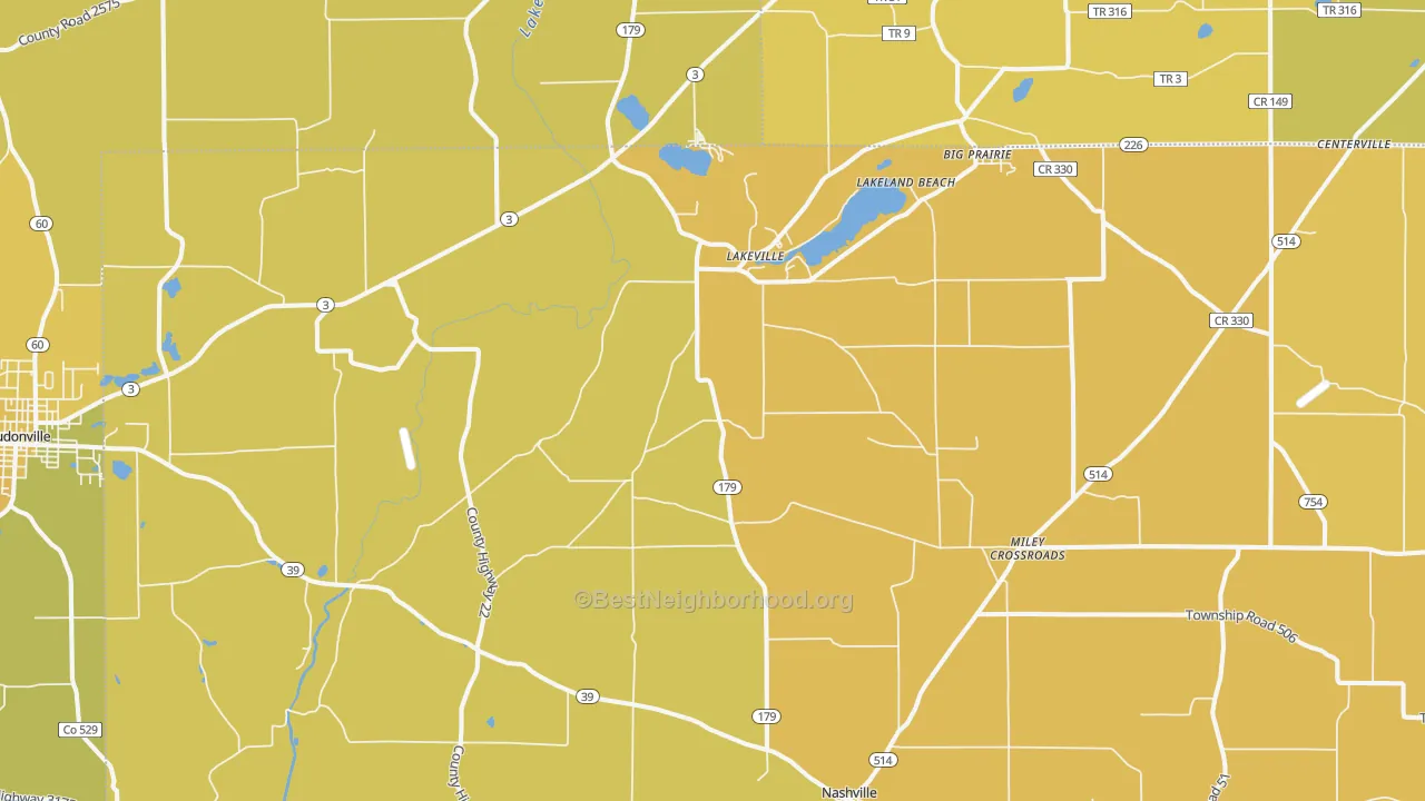 Map of the best neighborhoods in the 44638 area, with better matches in green and worse matches in red