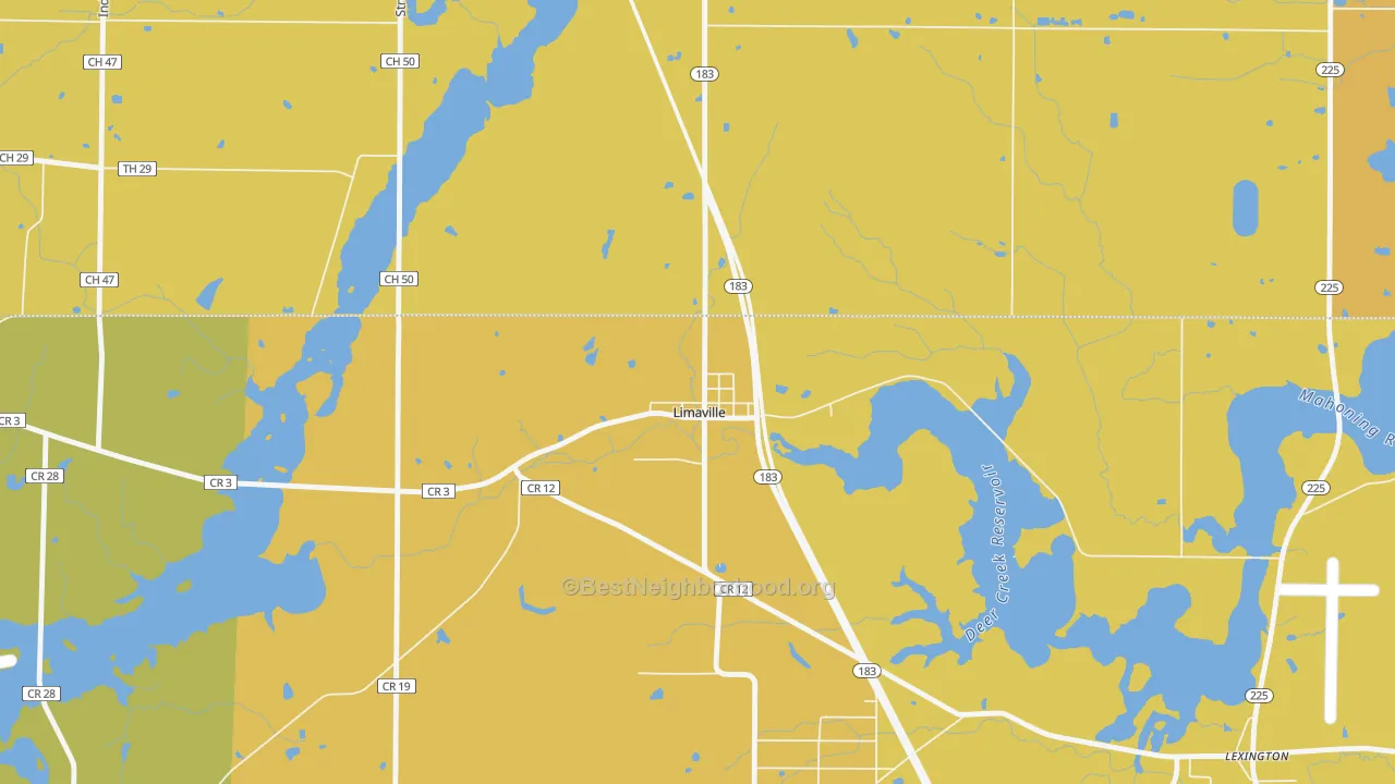 Map of the best neighborhoods in the 44640 area, with better matches in green and worse matches in red