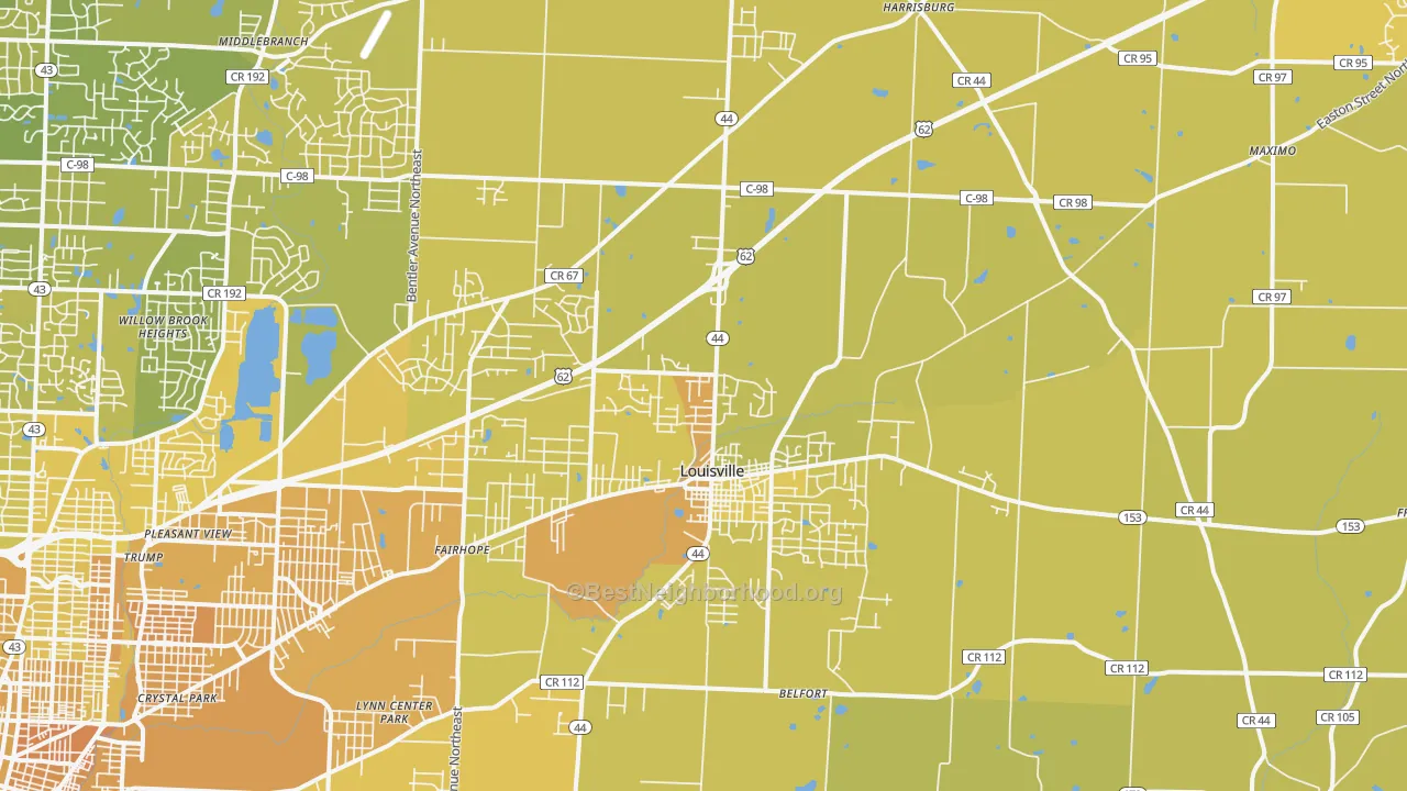 Map of the best neighborhoods in the 44641 area, with better matches in green and worse matches in red