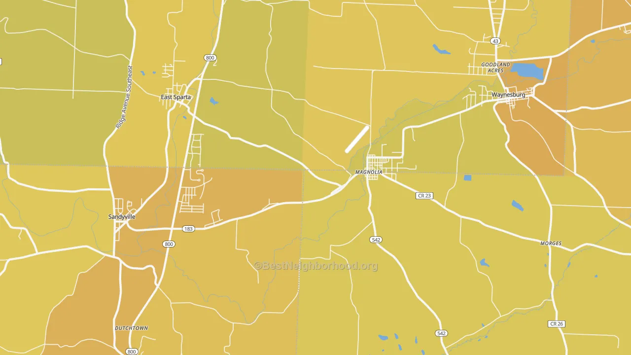 Map of the best neighborhoods in the 44643 area, with better matches in green and worse matches in red
