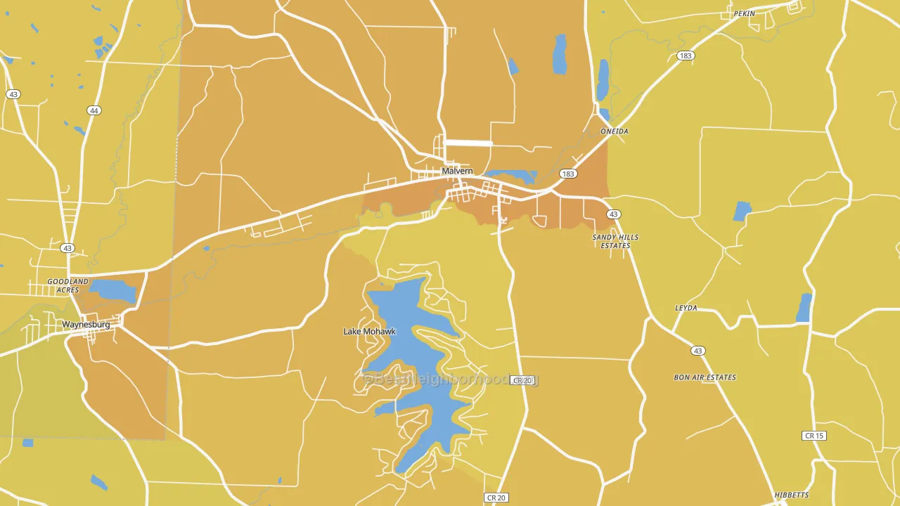 Map of the best neighborhoods in the 44644 area, with better matches in green and worse matches in red