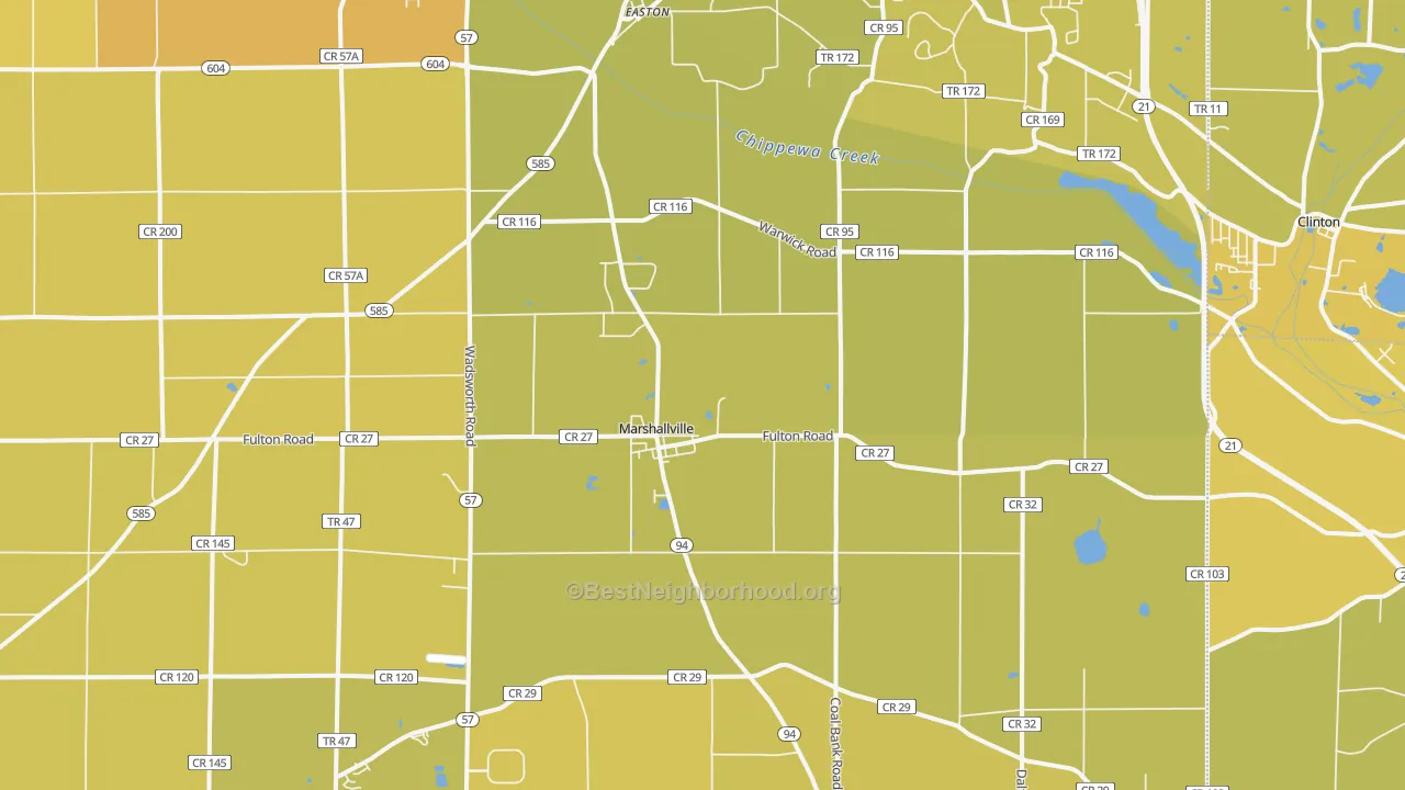 Map of the best neighborhoods in the 44645 area, with better matches in green and worse matches in red