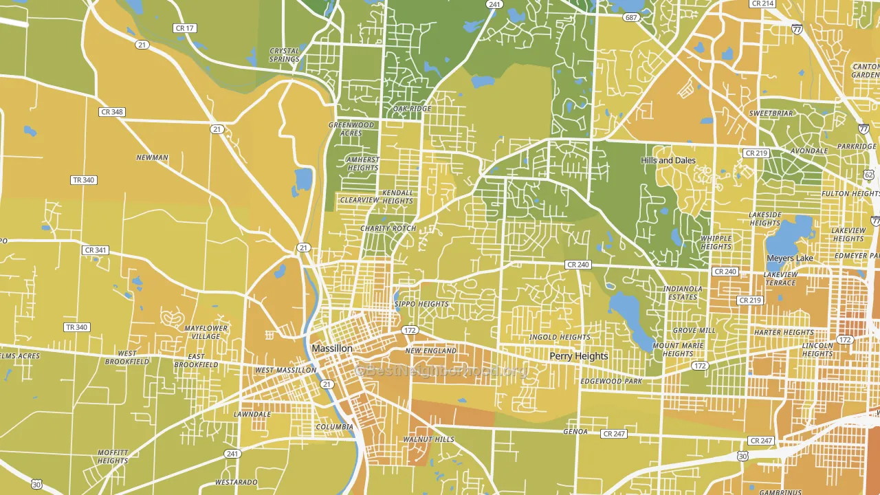 Map of the best neighborhoods in the 44646 area, with better matches in green and worse matches in red