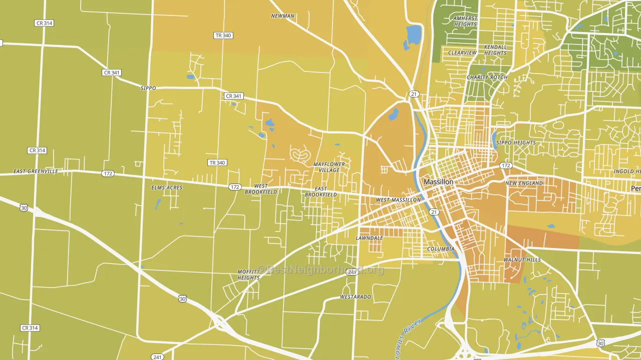 Map of the best neighborhoods in the 44647 area, with better matches in green and worse matches in red