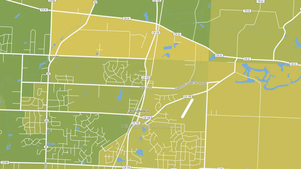 Map of the best neighborhoods in the 44652 area, with better matches in green and worse matches in red