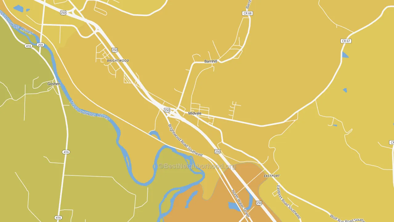 Map of the best neighborhoods in the 44653 area, with better matches in green and worse matches in red