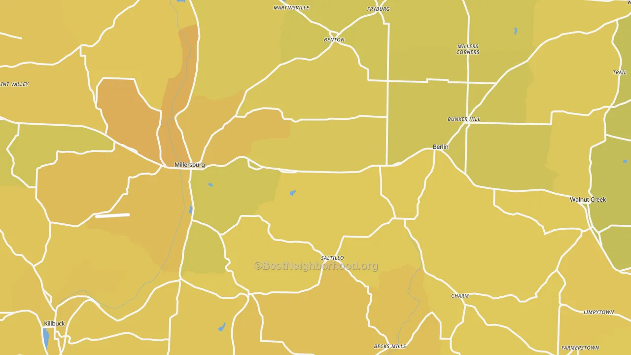 Map of the best neighborhoods in the 44654 area, with better matches in green and worse matches in red