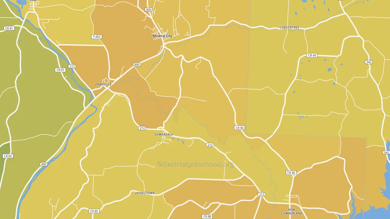 Map of the best neighborhoods in the 44656 area, with better matches in green and worse matches in red