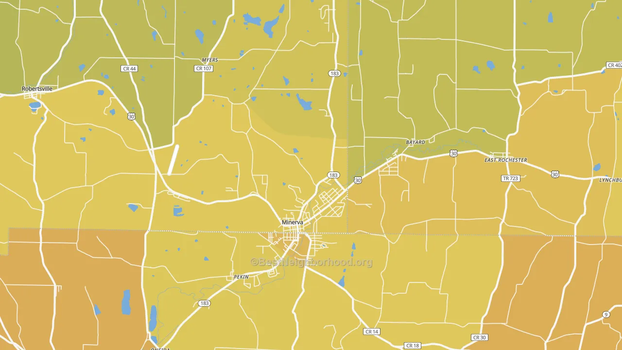 Map of the best neighborhoods in the 44657 area, with better matches in green and worse matches in red