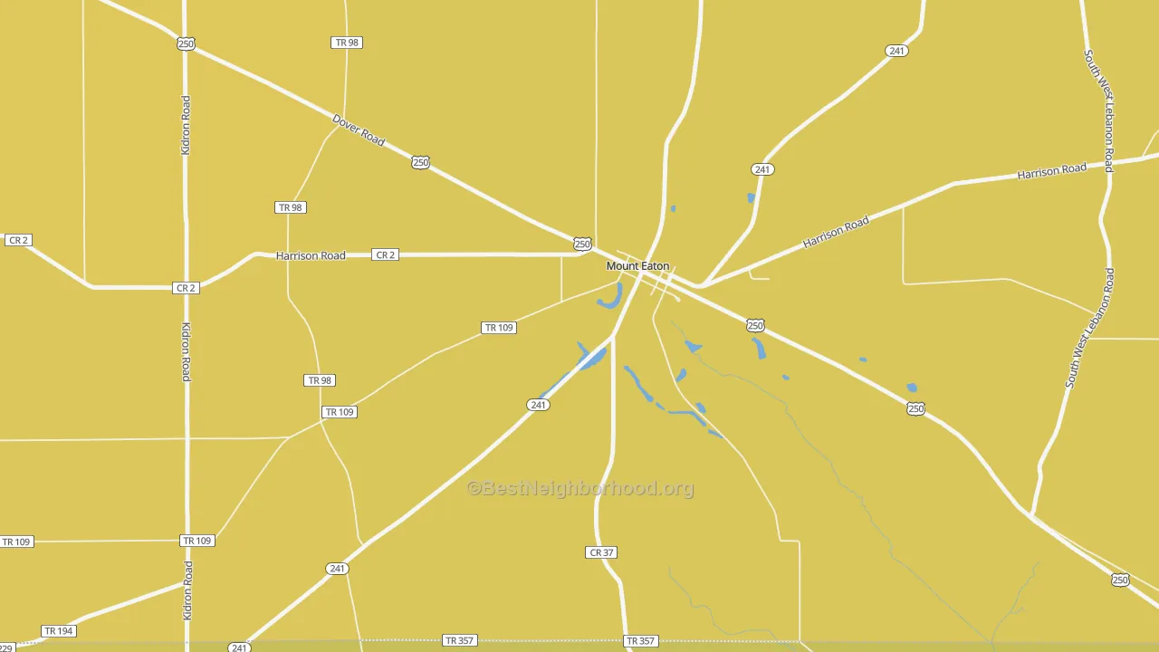 Map of the best neighborhoods in the 44659 area, with better matches in green and worse matches in red