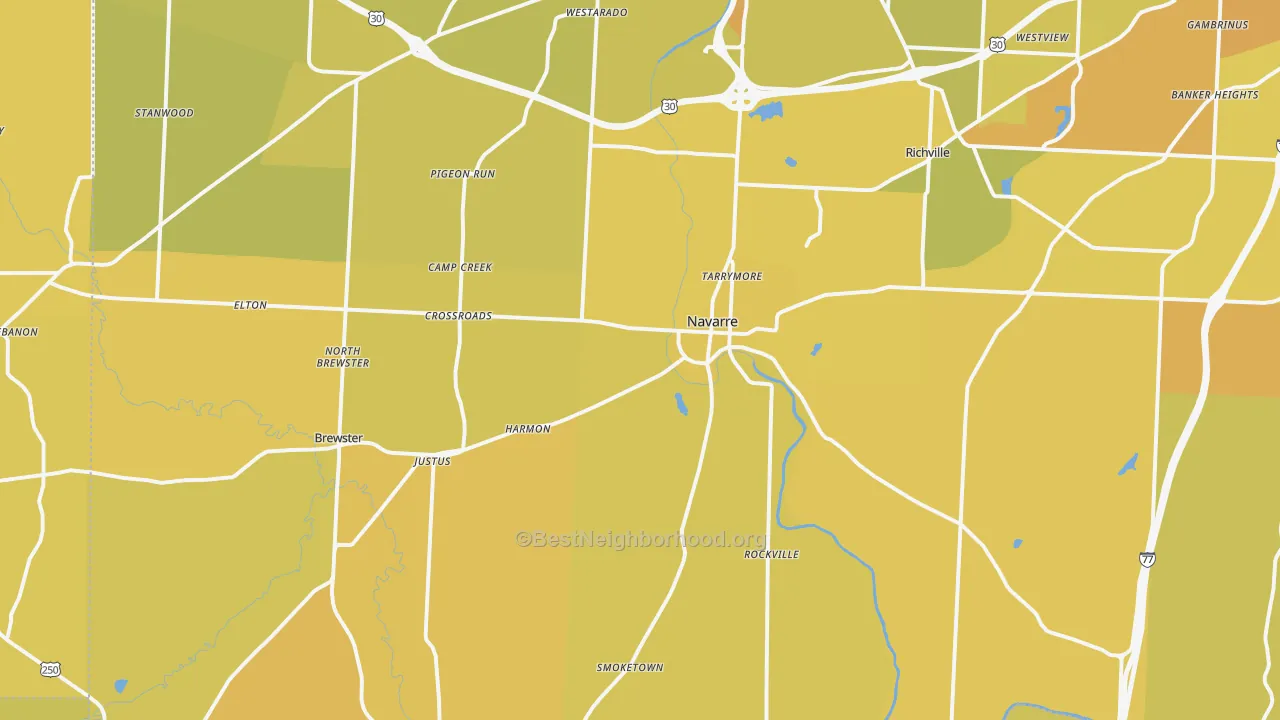 Map of the best neighborhoods in the 44662 area, with better matches in green and worse matches in red