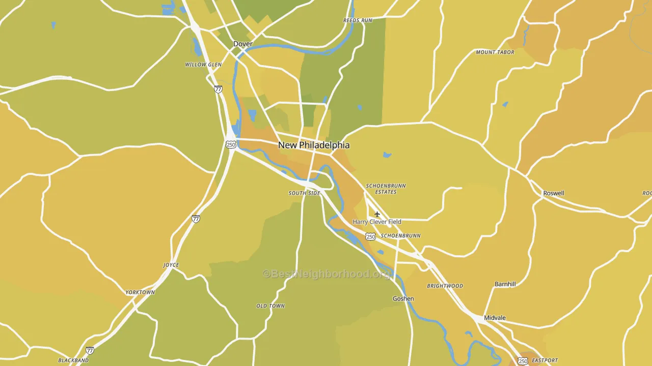 Map of the best neighborhoods in the 44663 area, with better matches in green and worse matches in red
