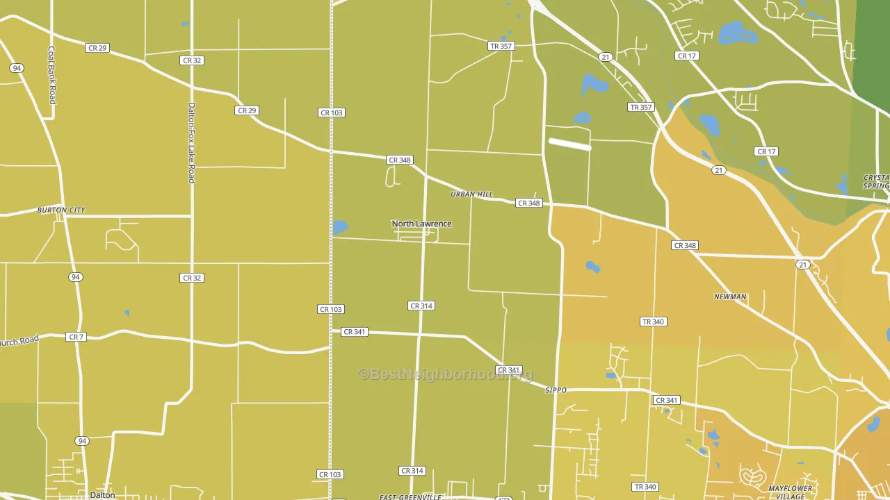 Map of the best neighborhoods in the 44666 area, with better matches in green and worse matches in red
