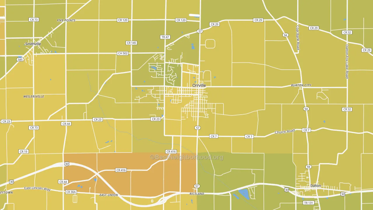Map of the best neighborhoods in the 44667 area, with better matches in green and worse matches in red