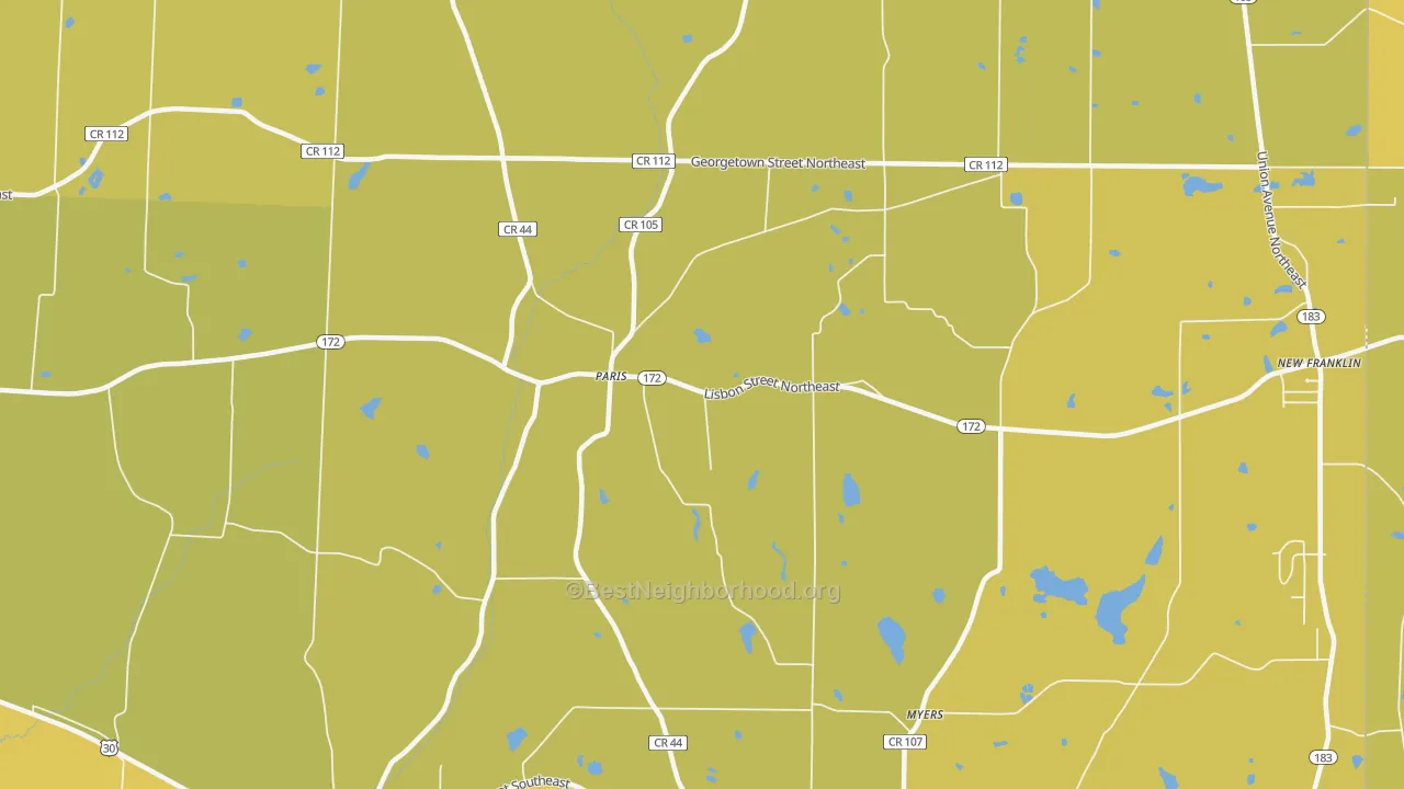 Map of the best neighborhoods in the 44669 area, with better matches in green and worse matches in red