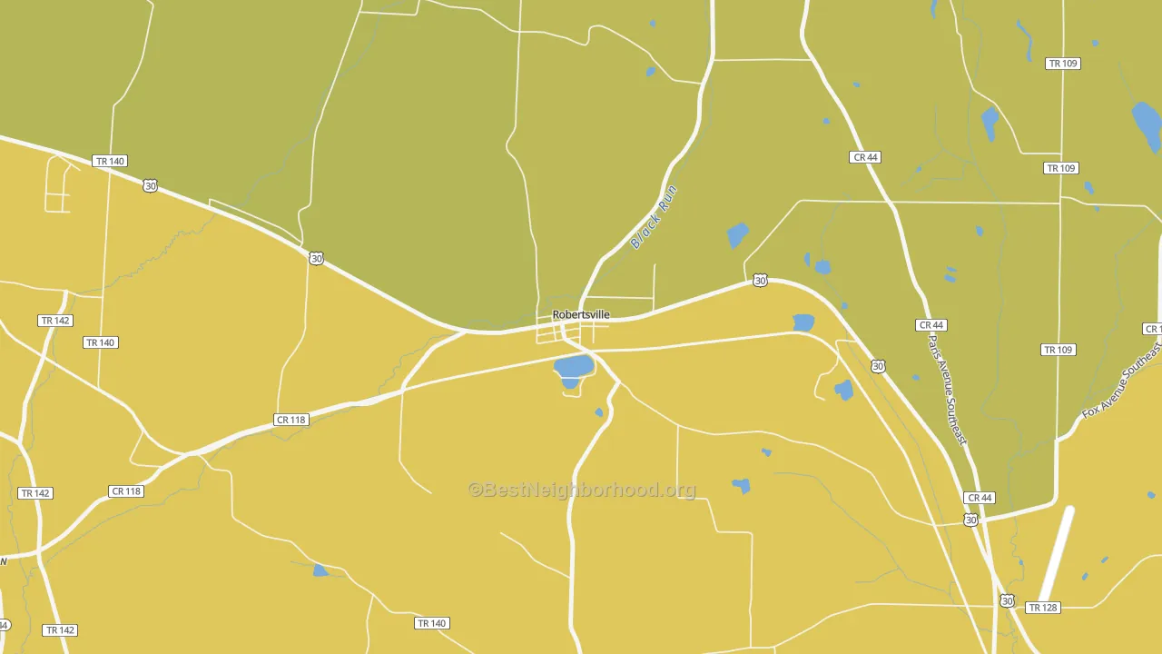 Map of the best neighborhoods in the 44670 area, with better matches in green and worse matches in red