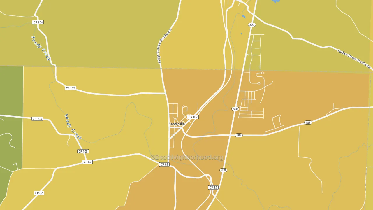 Map of the best neighborhoods in the 44671 area, with better matches in green and worse matches in red