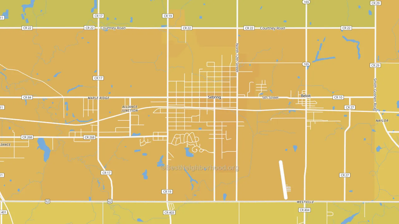 Map of the best neighborhoods in the 44672 area, with better matches in green and worse matches in red