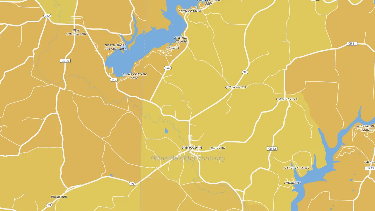 Map of the best neighborhoods in the 44675 area, with better matches in green and worse matches in red