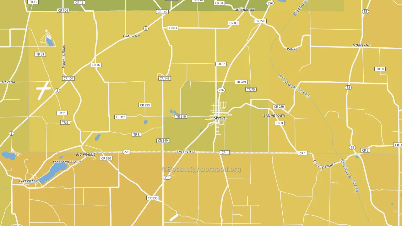 Map of the best neighborhoods in the 44676 area, with better matches in green and worse matches in red