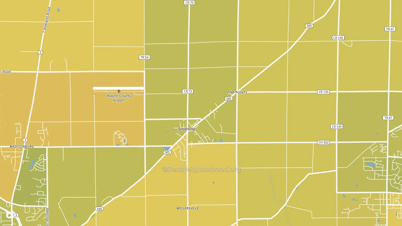 Map of the best neighborhoods in the 44677 area, with better matches in green and worse matches in red