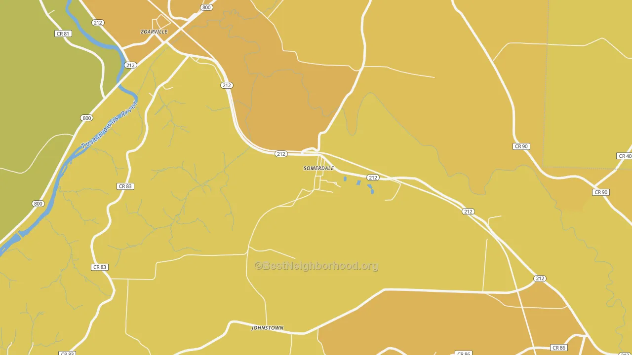 Map of the best neighborhoods in the 44678 area, with better matches in green and worse matches in red