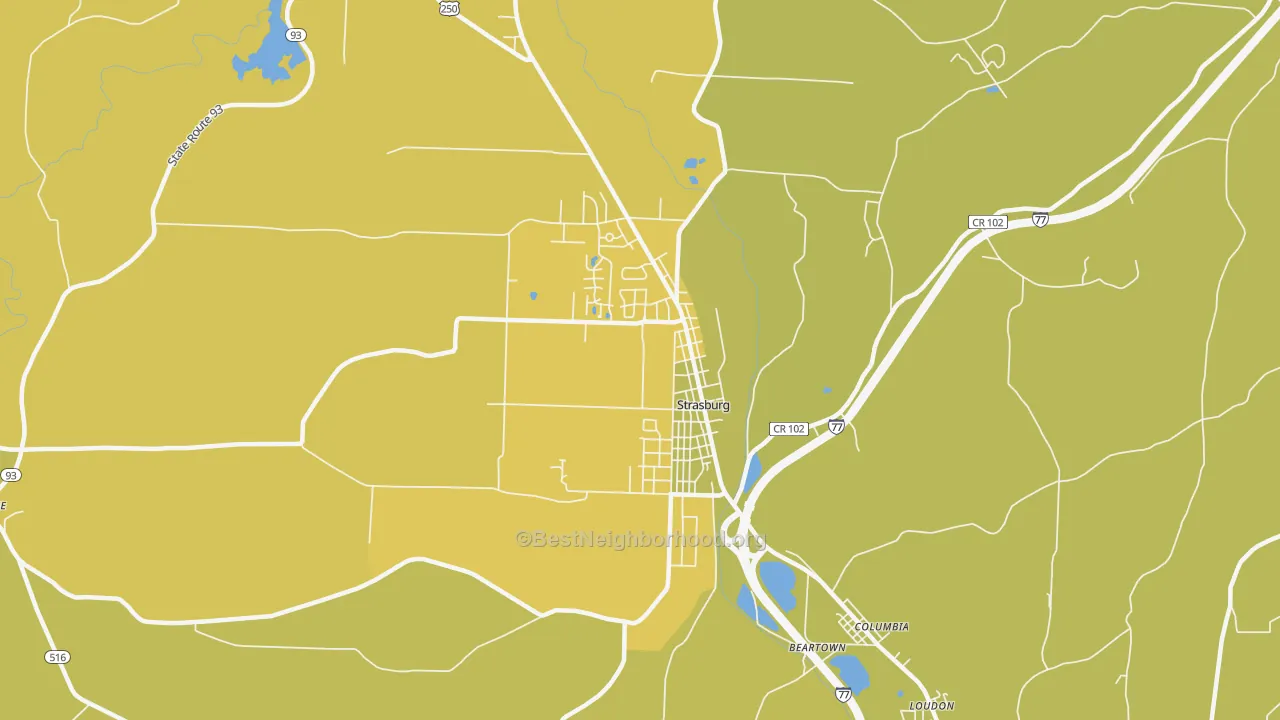 Map of the best neighborhoods in the 44680 area, with better matches in green and worse matches in red