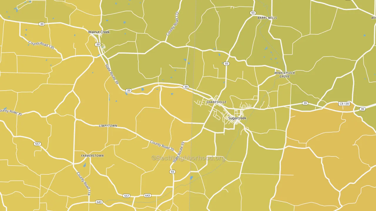 Map of the best neighborhoods in the 44681 area, with better matches in green and worse matches in red