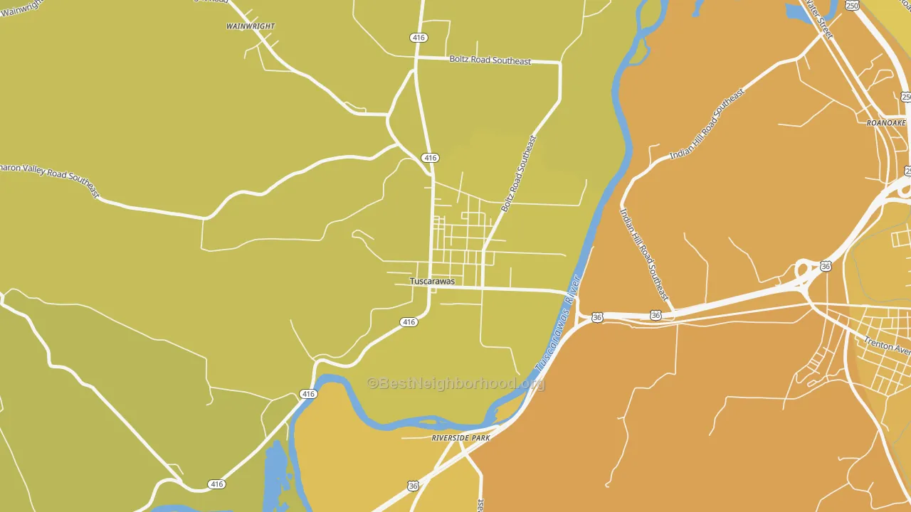 Map of the best neighborhoods in the 44682 area, with better matches in green and worse matches in red