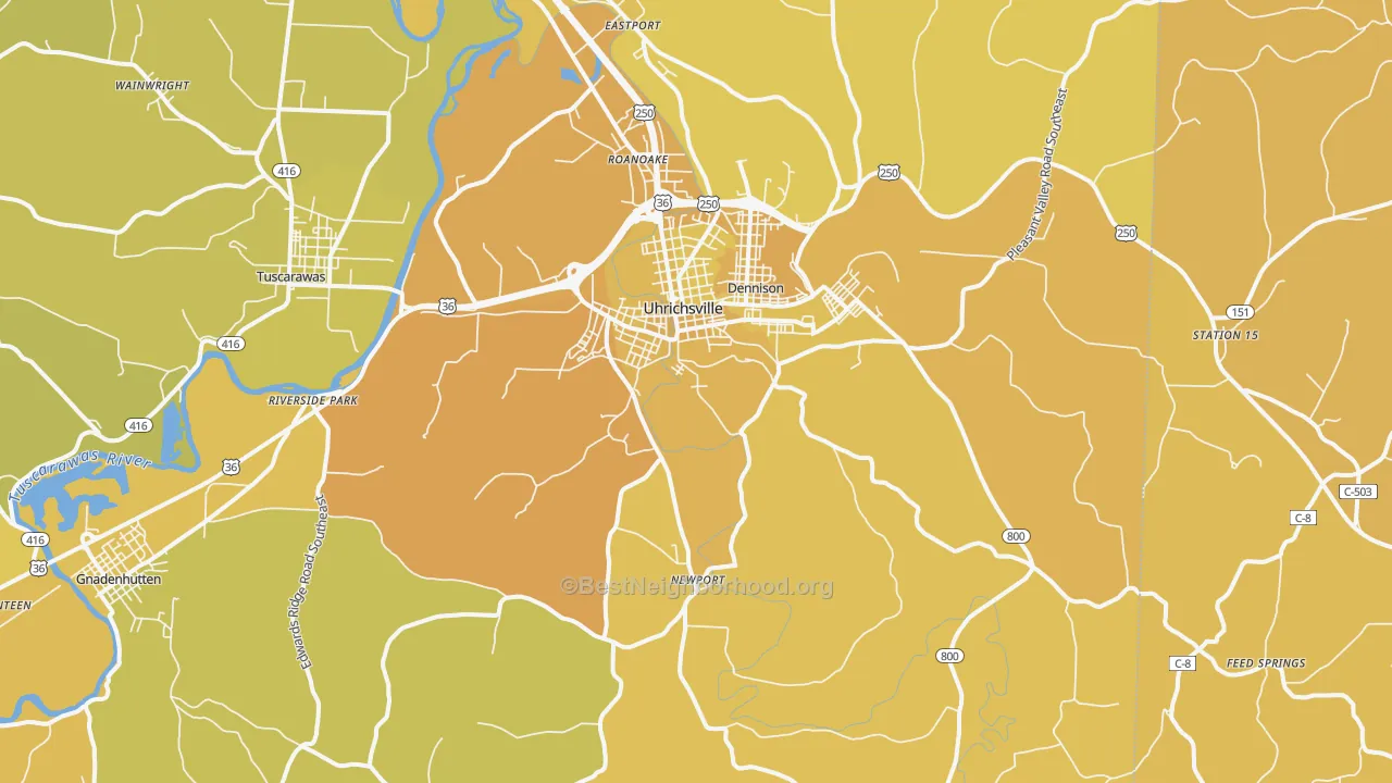 Map of the best neighborhoods in the 44683 area, with better matches in green and worse matches in red